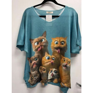 L28 Loowie Funny Cats Teal Print Knit Sweater One Size